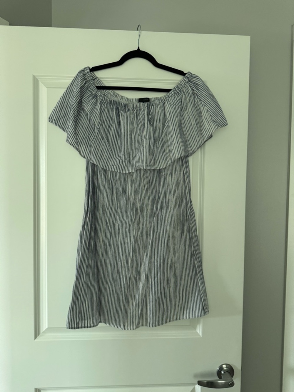 J. Crew Blue and White Striped Off-Shoulder Dress